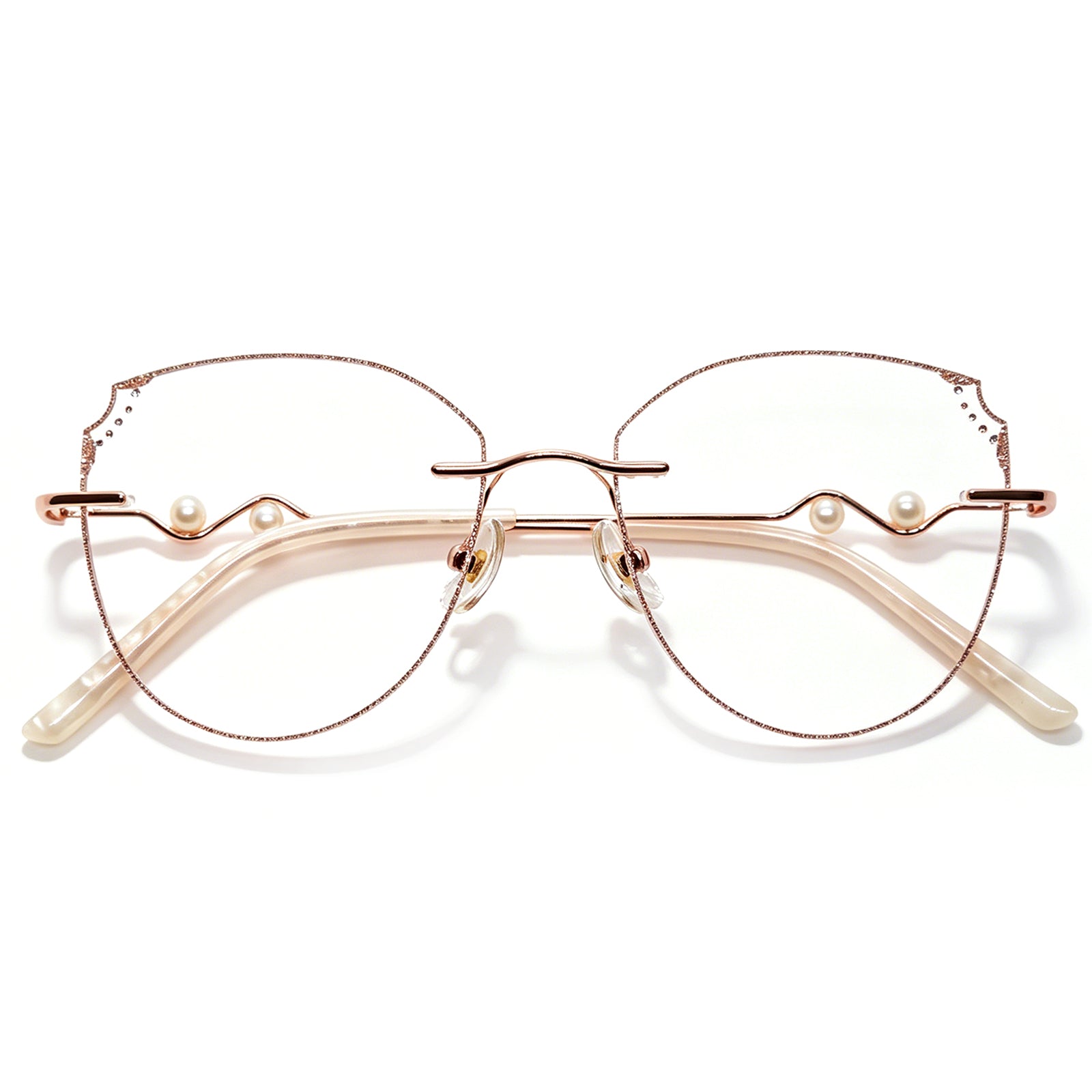 Rose Gold Cat-Eye Eyeglasses with Pearl Accents