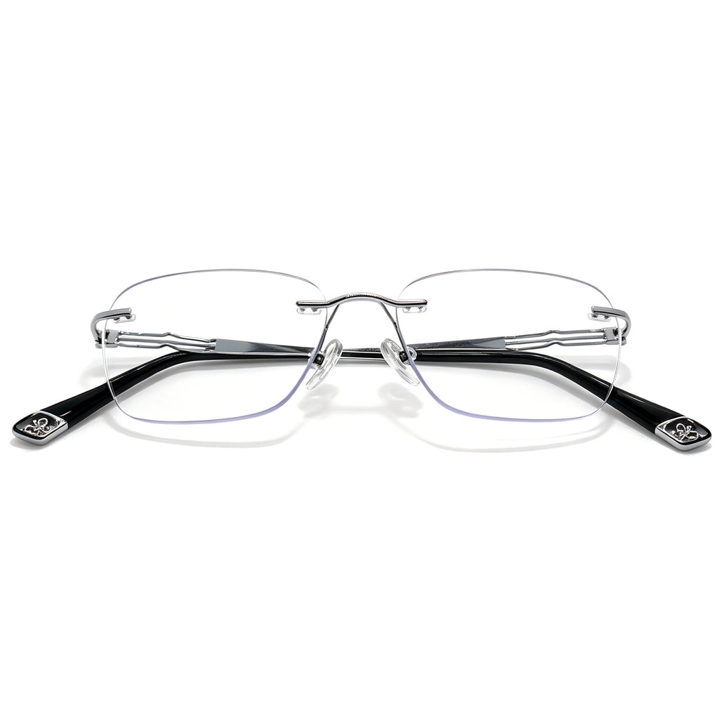 Hollow Temple Rimless Eyeglasses, Gold Metal Frame, Anti Blue Light