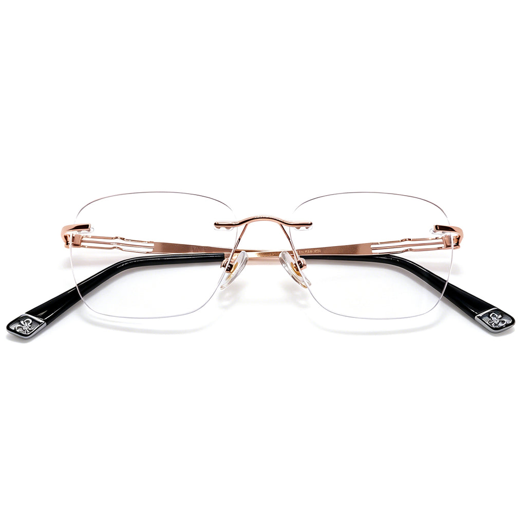 Hollow Temple Rimless Eyeglasses, Gold Metal Frame, Anti Blue Light