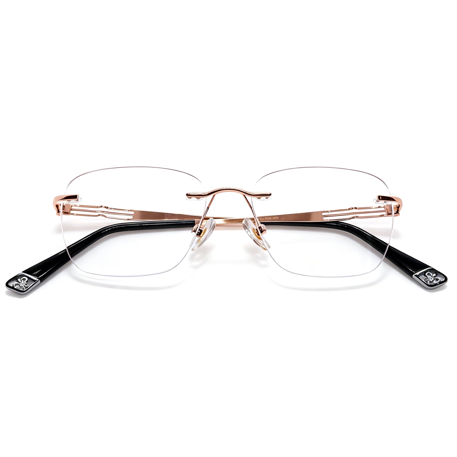 Hollow Temple Rimless Eyeglasses, Gold Metal Frame, Anti Blue Light