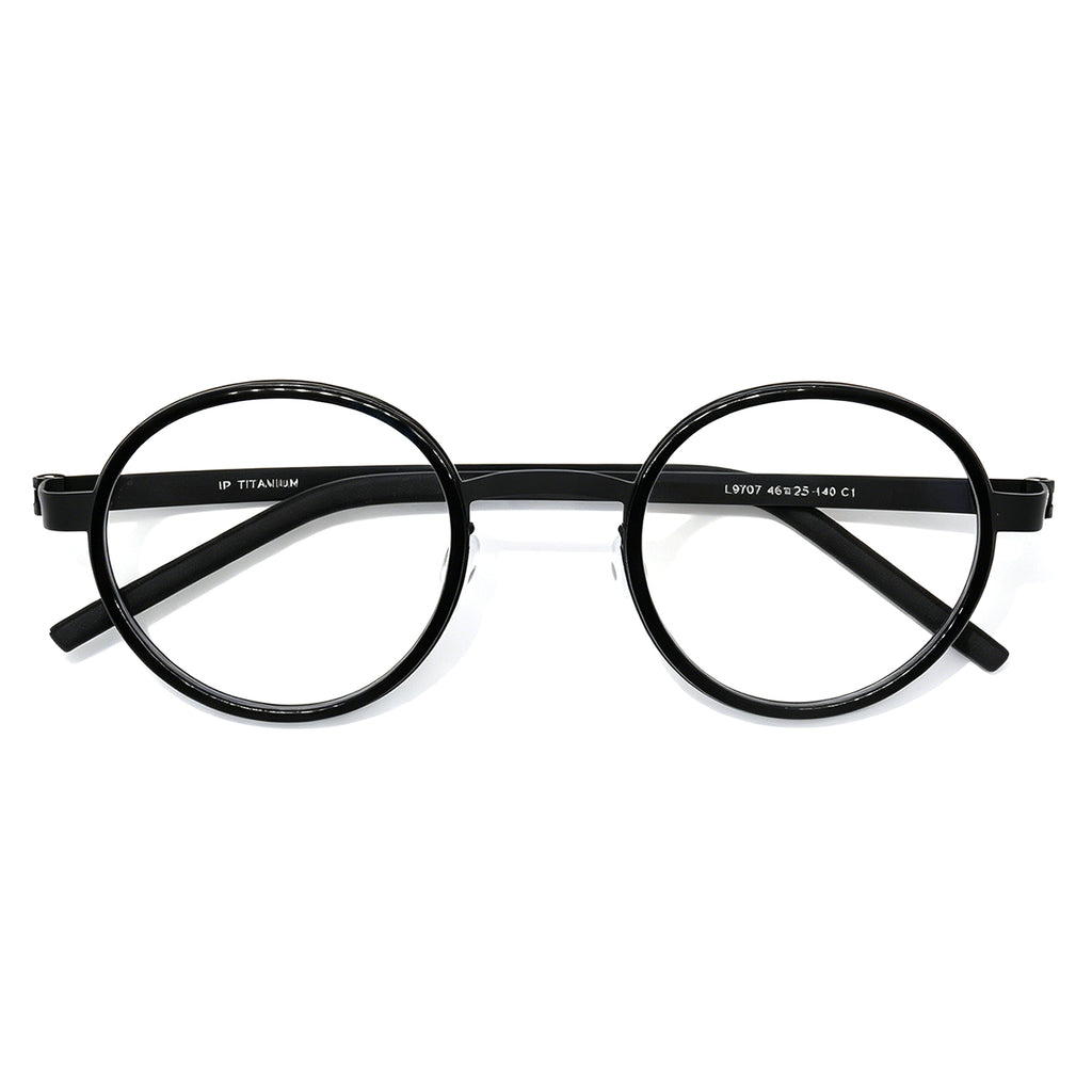 Lightweight Black Round Titanium Glasses, Durable IP Plated, UV400 Protection
