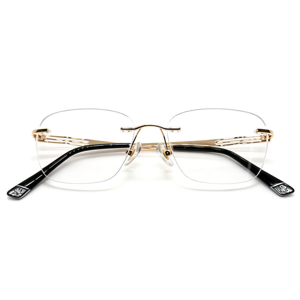 Hollow Temple Rimless Eyeglasses, Gold Metal Frame, Anti Blue Light