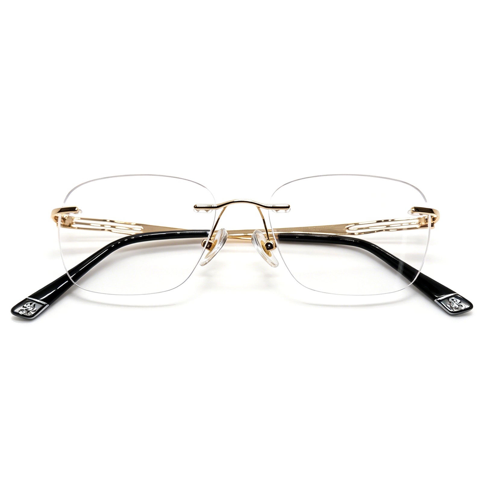 Hollow Temple Rimless Eyeglasses, Gold Metal Frame, Anti Blue Light