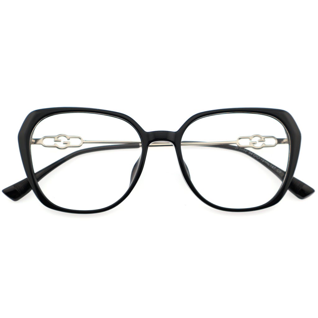Black Polygon Eyeglasses with Interlocking Chain Hollow Metal Temples