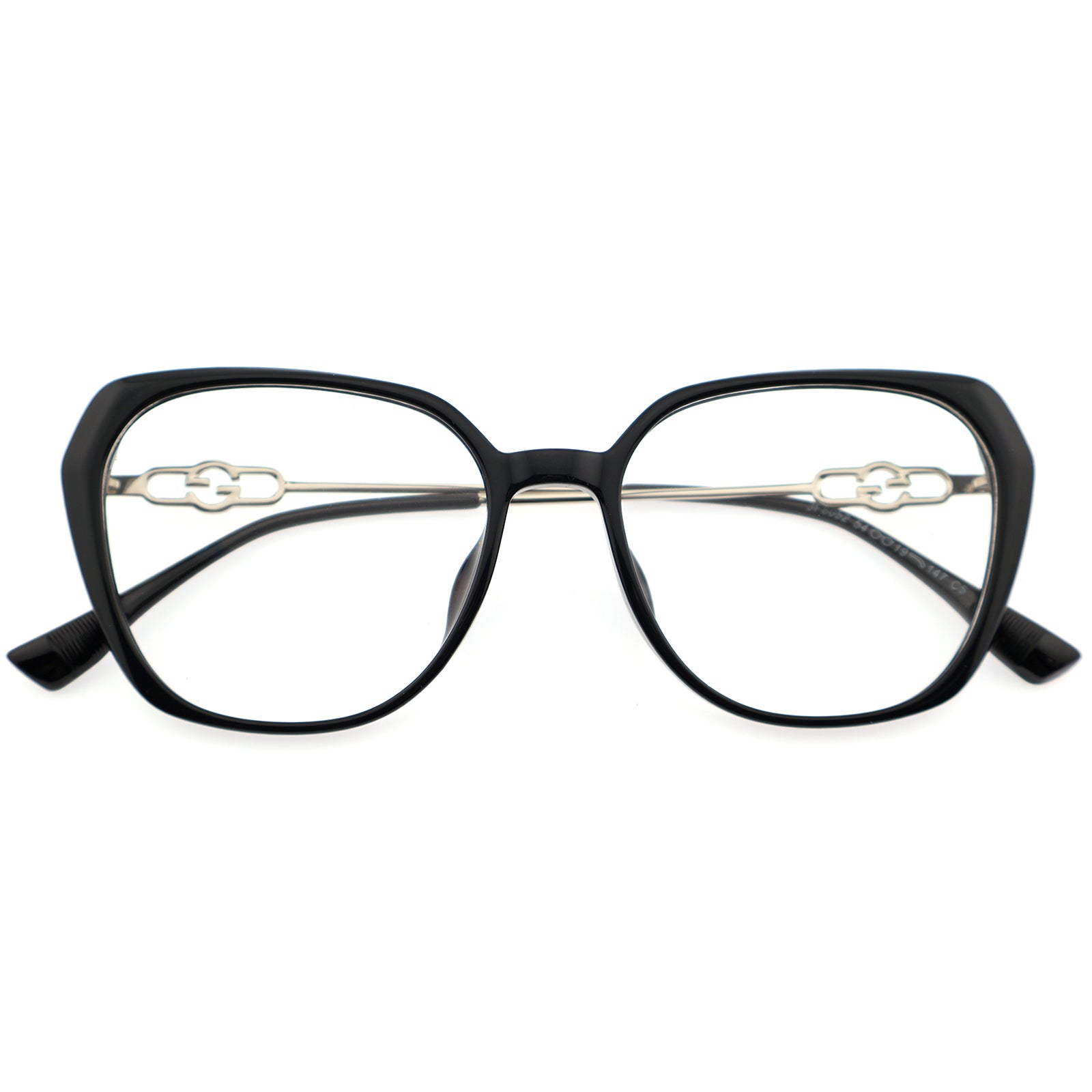 Black Polygon Eyeglasses with Interlocking Chain Hollow Metal Temples