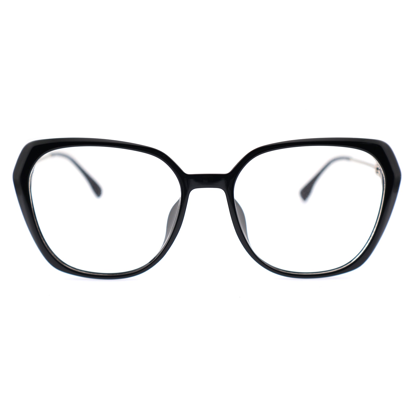 Black Polygon Eyeglasses with Interlocking Chain Hollow Metal Temples