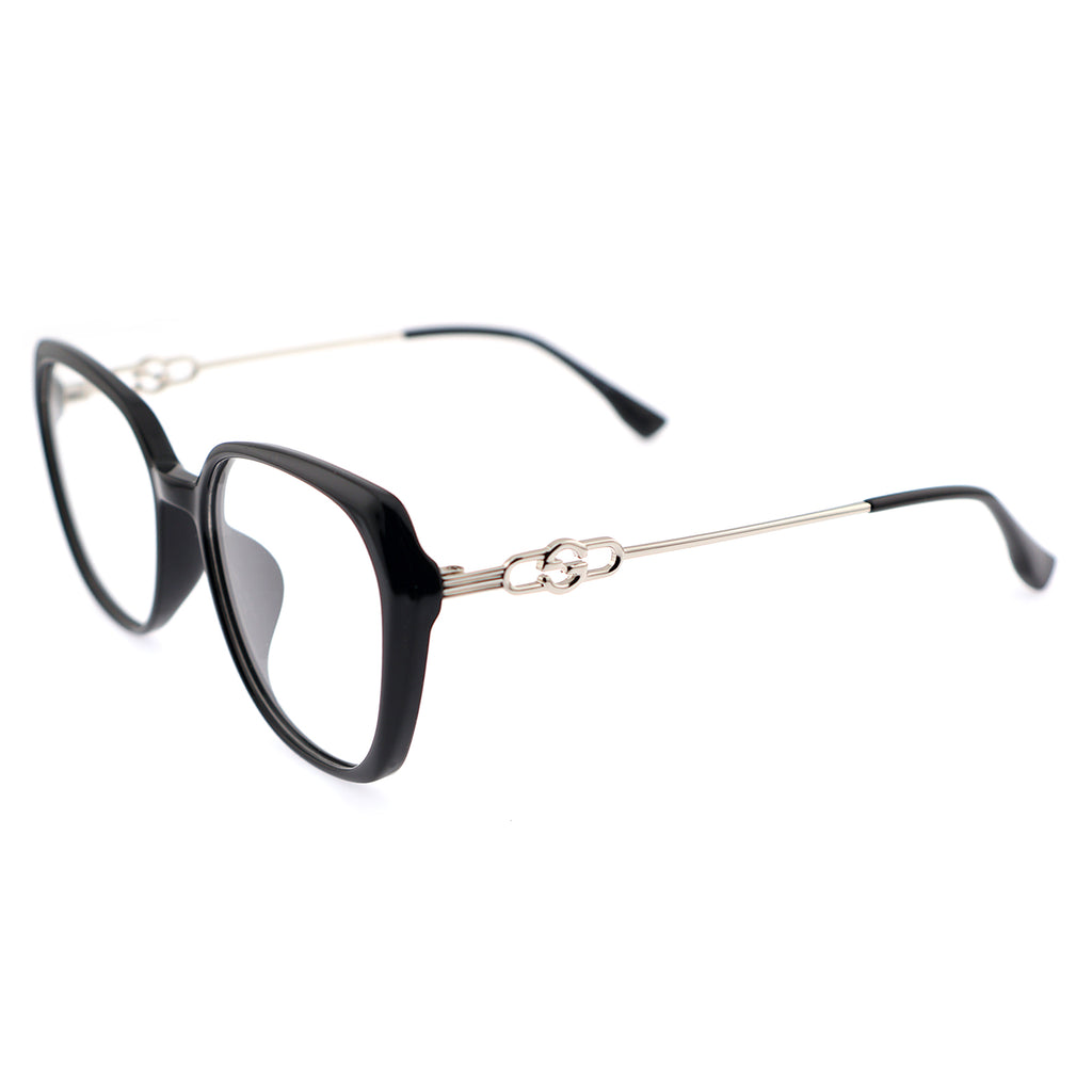 Black Polygon Eyeglasses with Interlocking Chain Hollow Metal Temples