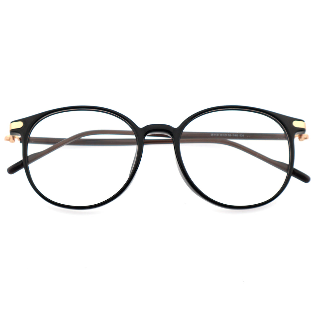 Retro Round Black Eyeglasses with Gold Corner Accent Details