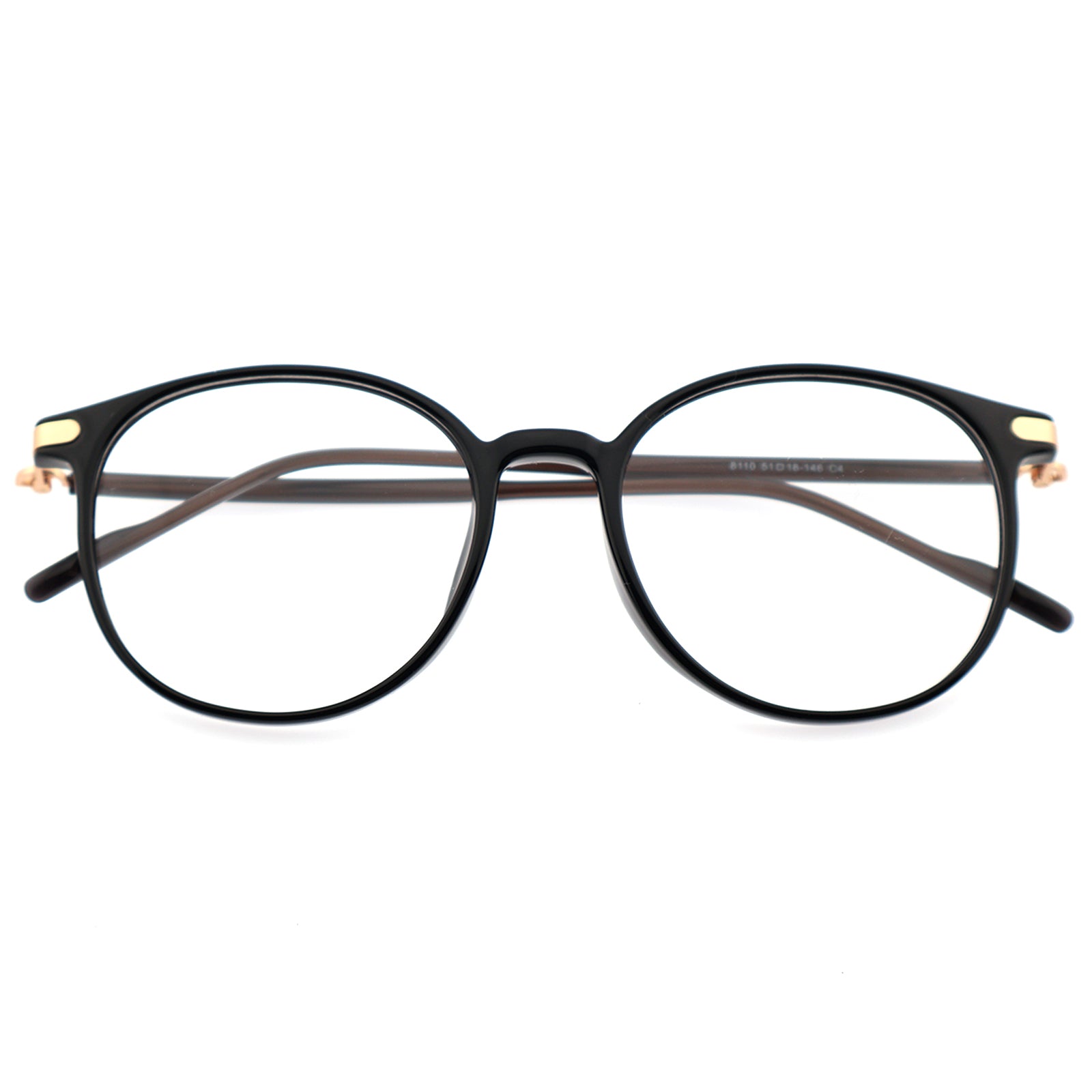Retro Round Black Eyeglasses with Gold Corner Accent Details