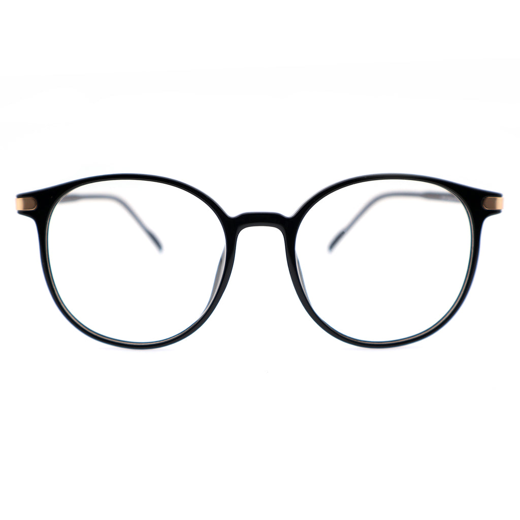 Retro Round Black Eyeglasses with Gold Corner Accent Details