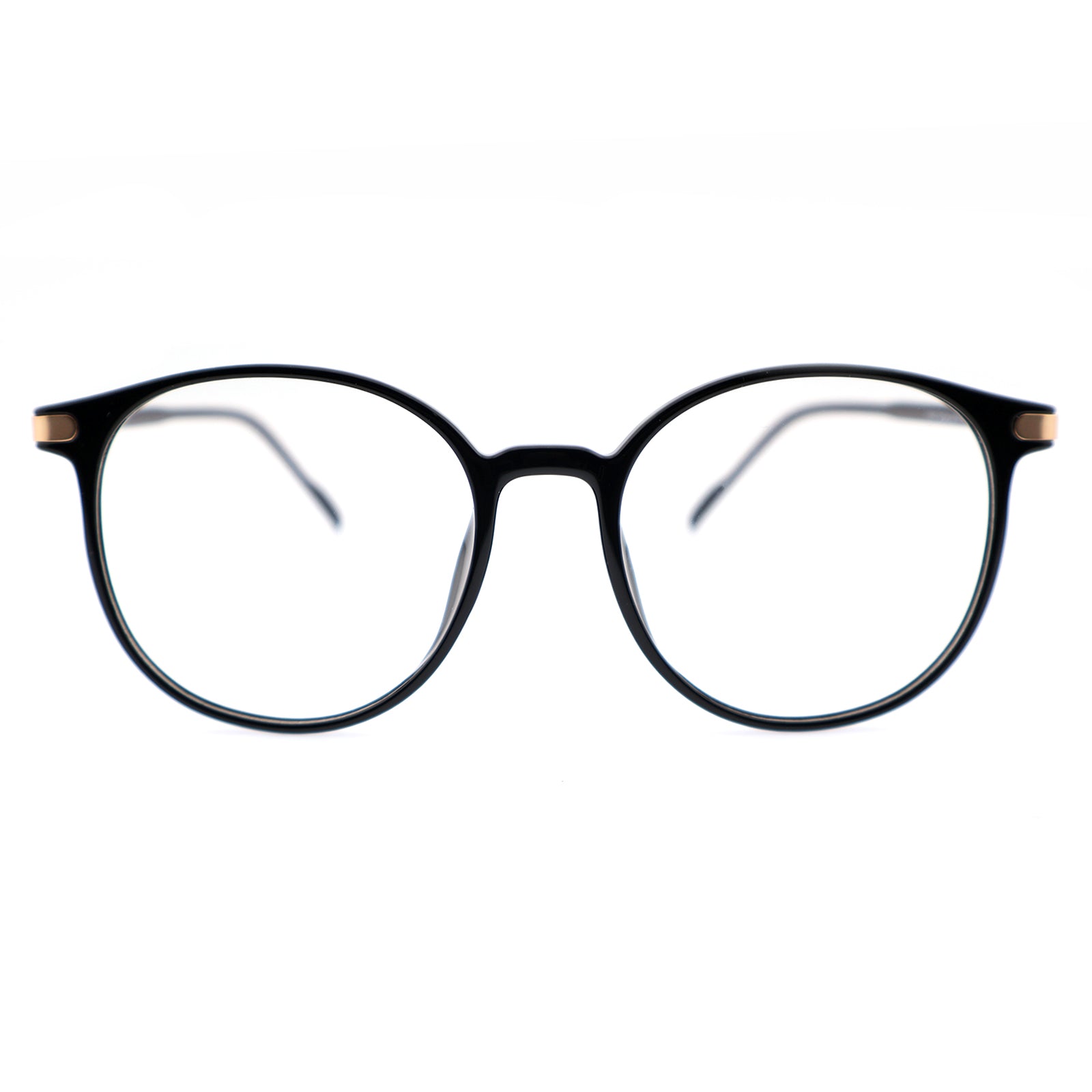 Retro Round Black Eyeglasses with Gold Corner Accent Details