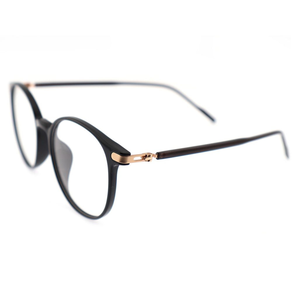 Retro Round Black Eyeglasses with Gold Corner Accent Details