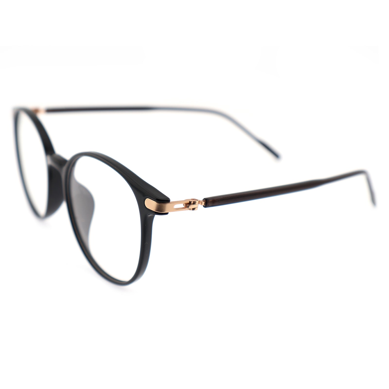 Retro Round Black Eyeglasses with Gold Corner Accent Details
