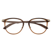 Gradient Brown Round Eyeglasses with Wood Grain Temples & Metal Trim