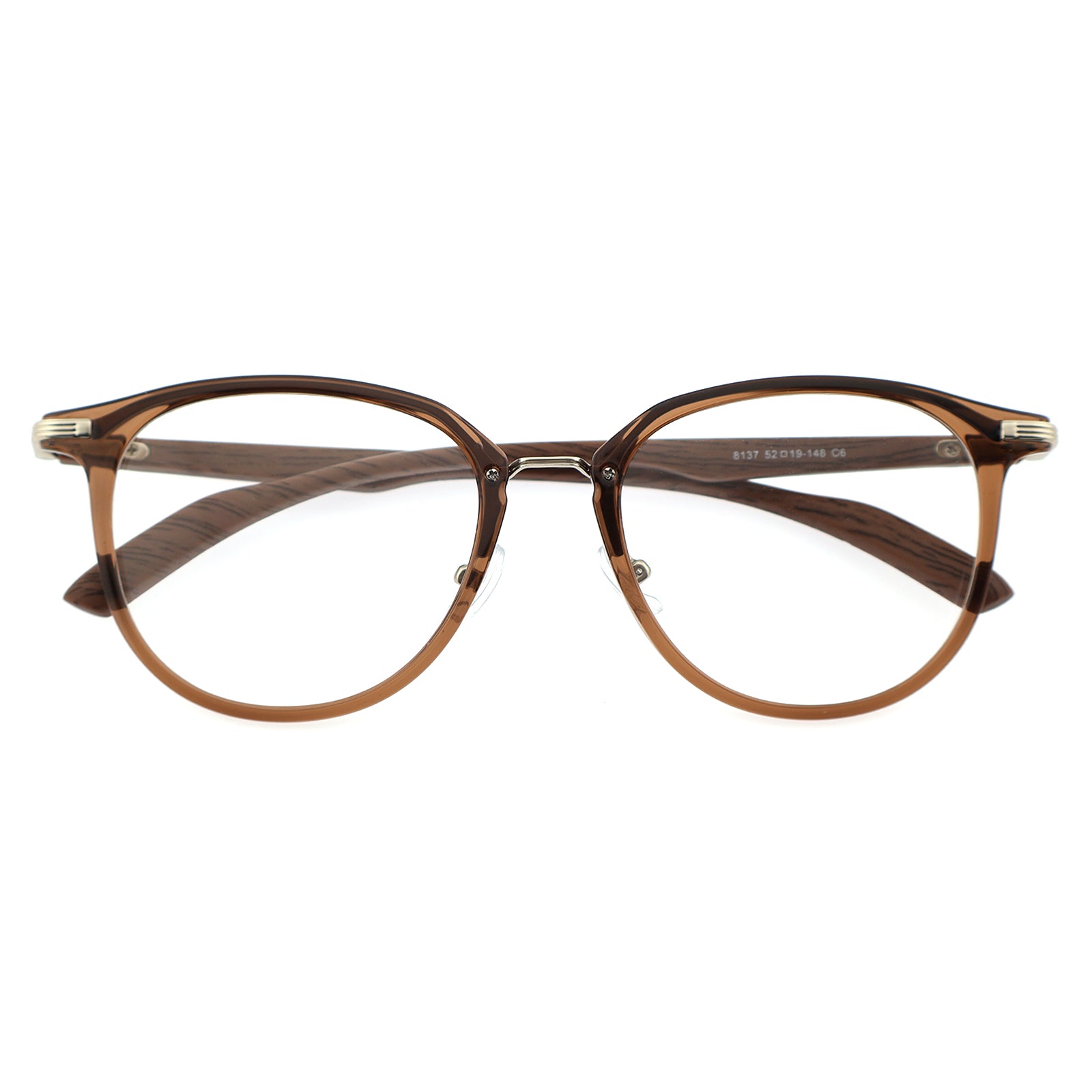 Gradient Brown Round Eyeglasses with Wood Grain Temples & Metal Trim