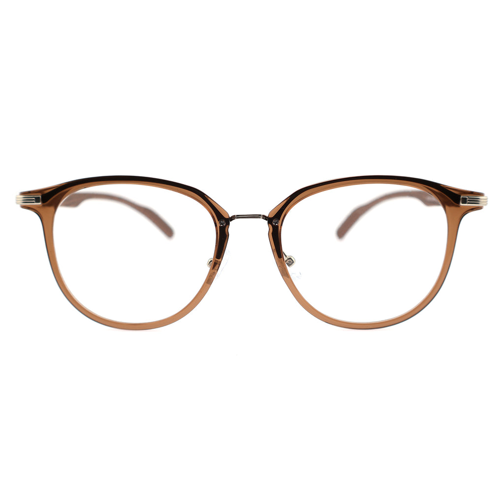 Gradient Brown Round Eyeglasses with Wood Grain Temples & Metal Trim