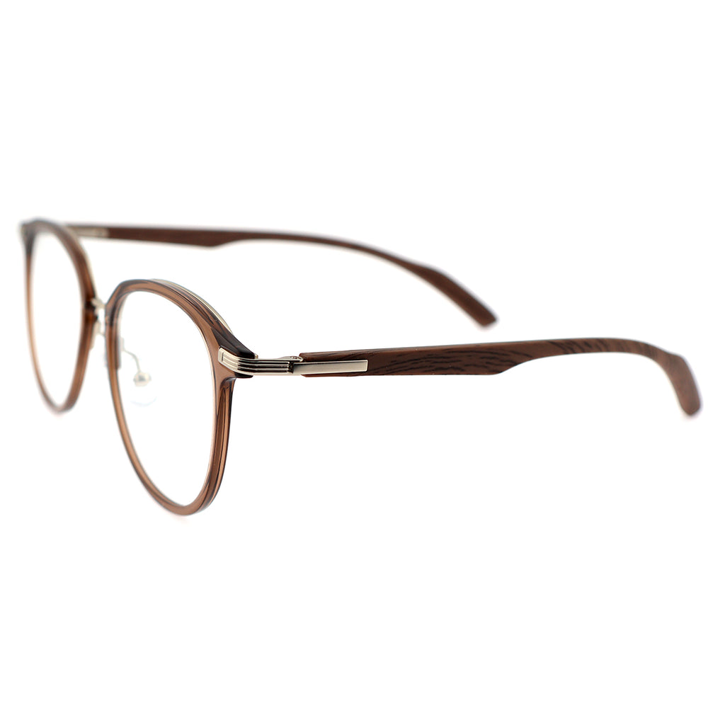 Gradient Brown Round Eyeglasses with Wood Grain Temples & Metal Trim