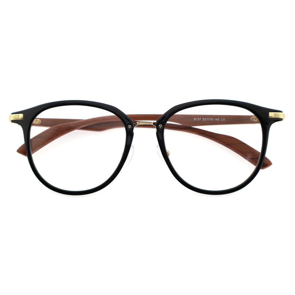 Gradient Brown Round Eyeglasses with Wood Grain Temples & Metal Trim