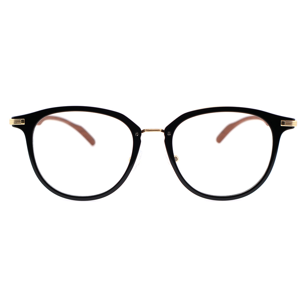 Gradient Brown Round Eyeglasses with Wood Grain Temples & Metal Trim