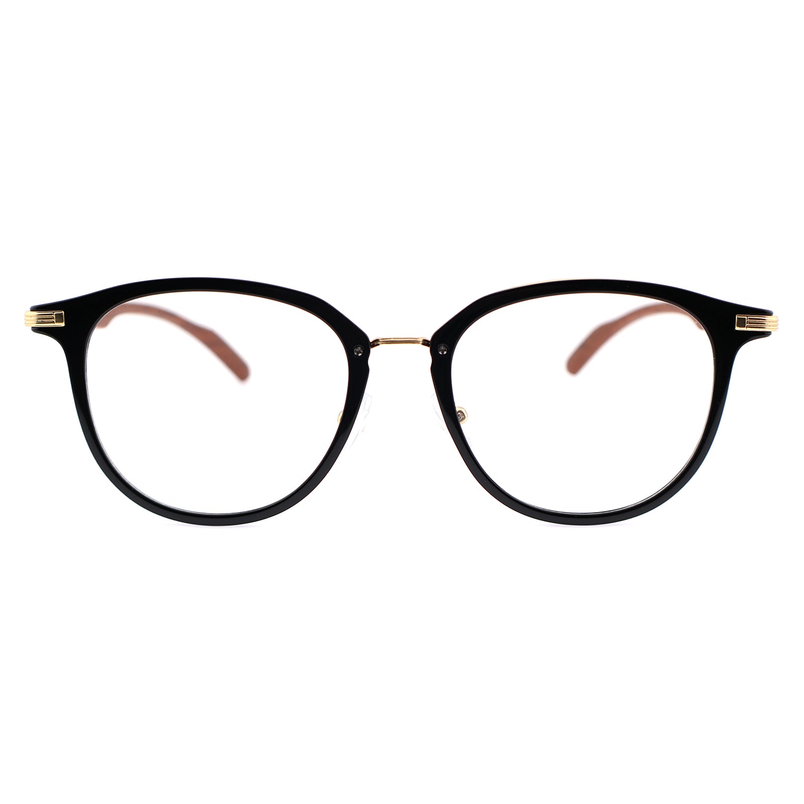 Gradient Brown Round Eyeglasses with Wood Grain Temples & Metal Trim