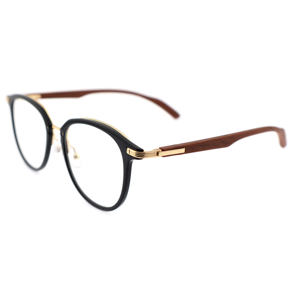 Gradient Brown Round Eyeglasses with Wood Grain Temples & Metal Trim