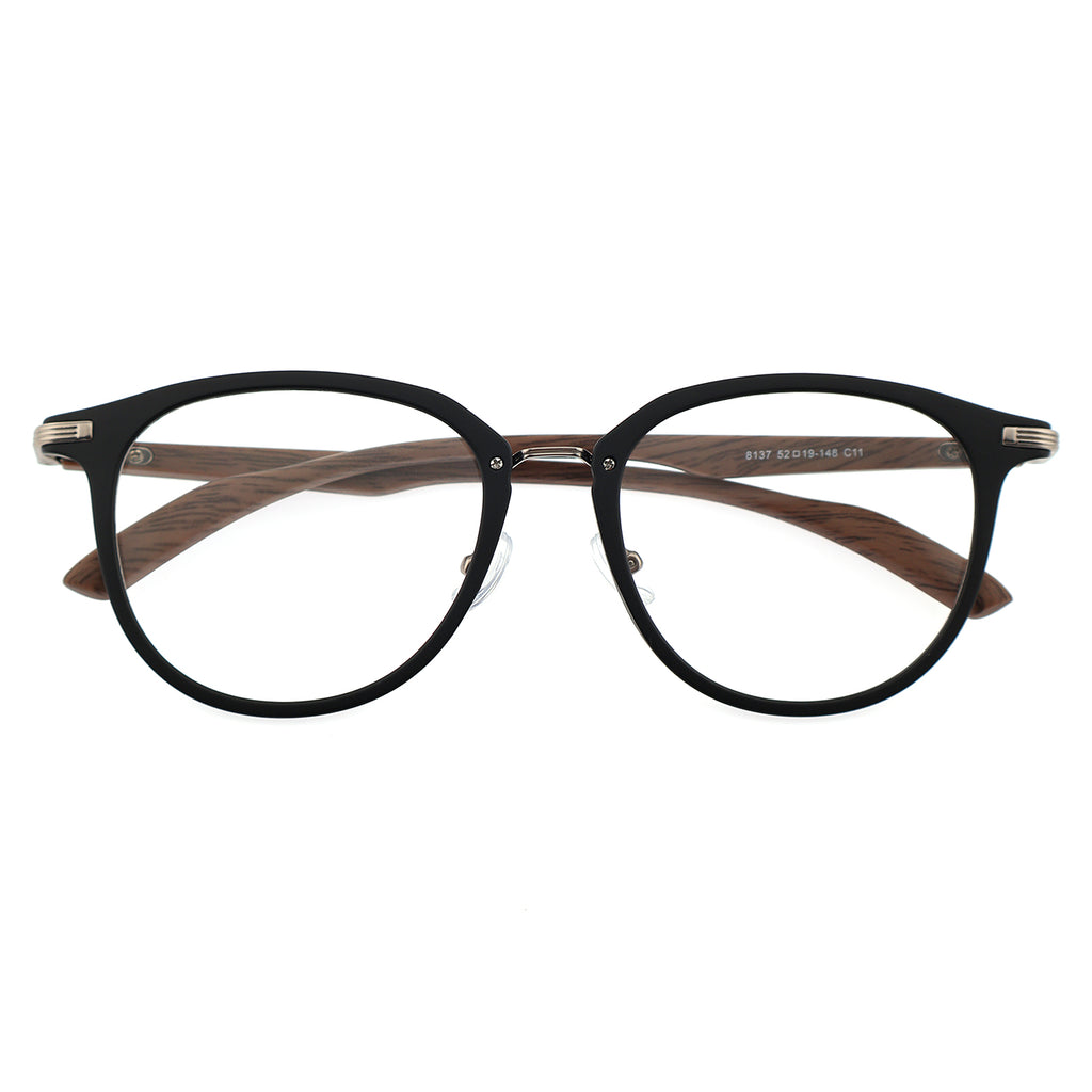 Gradient Brown Round Eyeglasses with Wood Grain Temples & Metal Trim