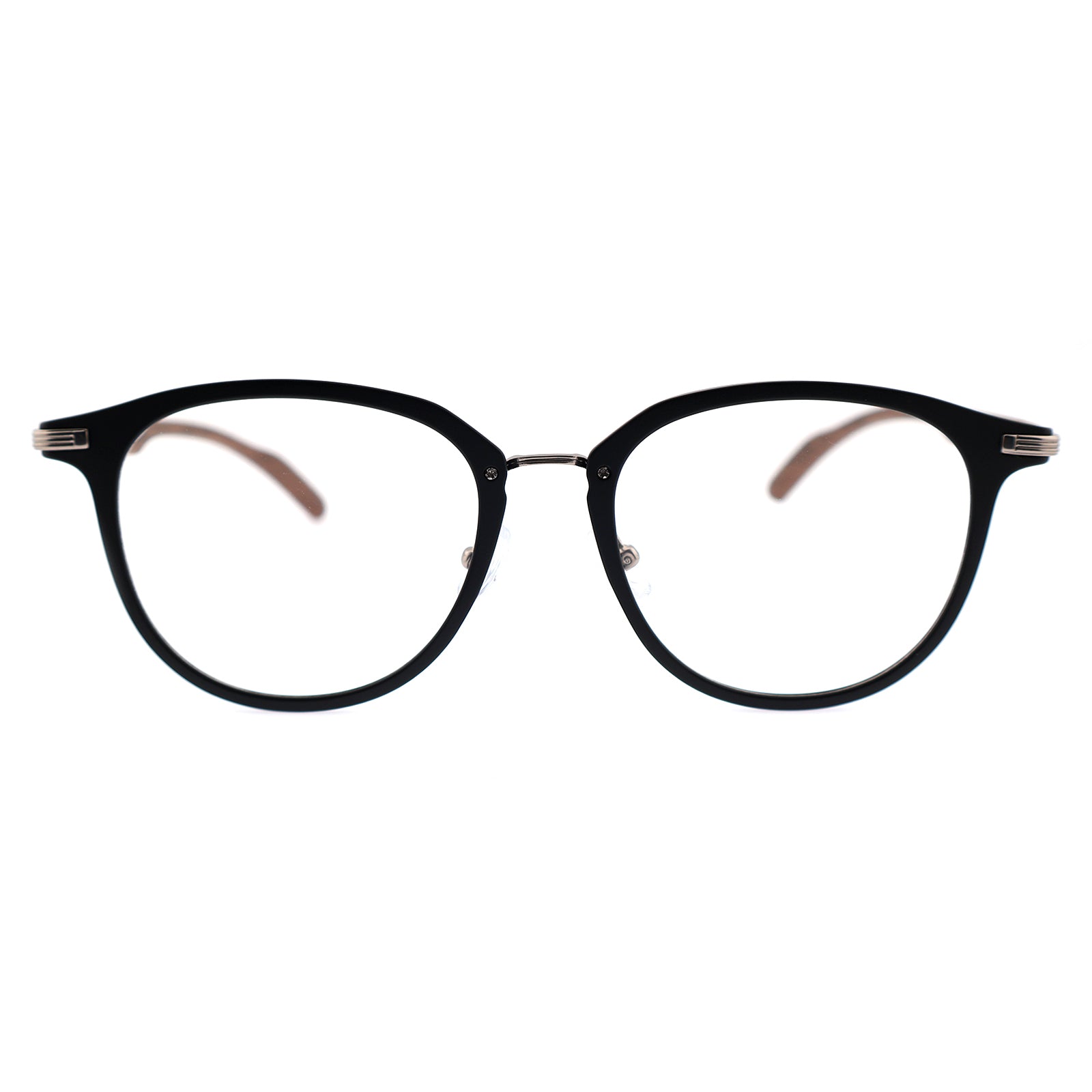 Gradient Brown Round Eyeglasses with Wood Grain Temples & Metal Trim