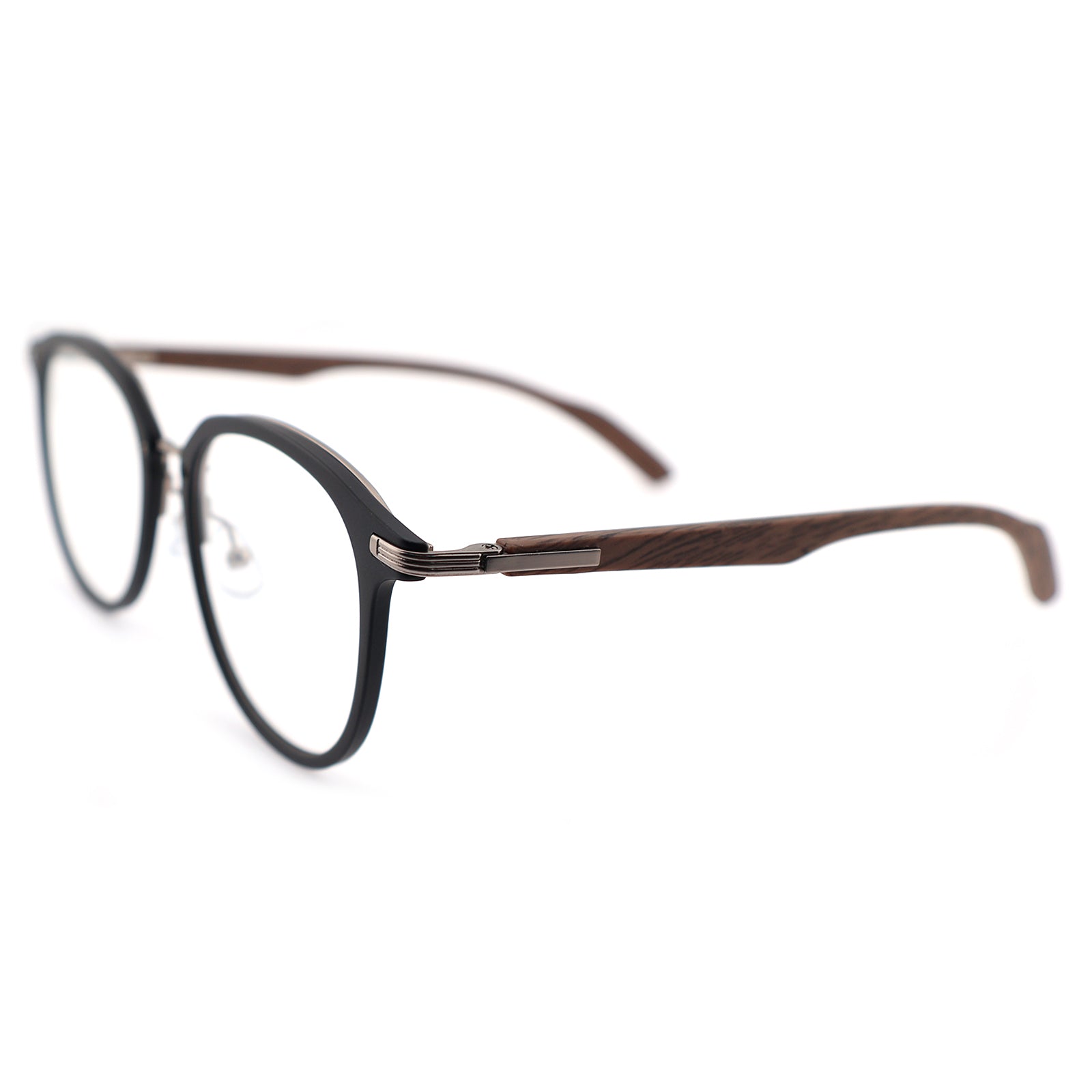Gradient Brown Round Eyeglasses with Wood Grain Temples & Metal Trim