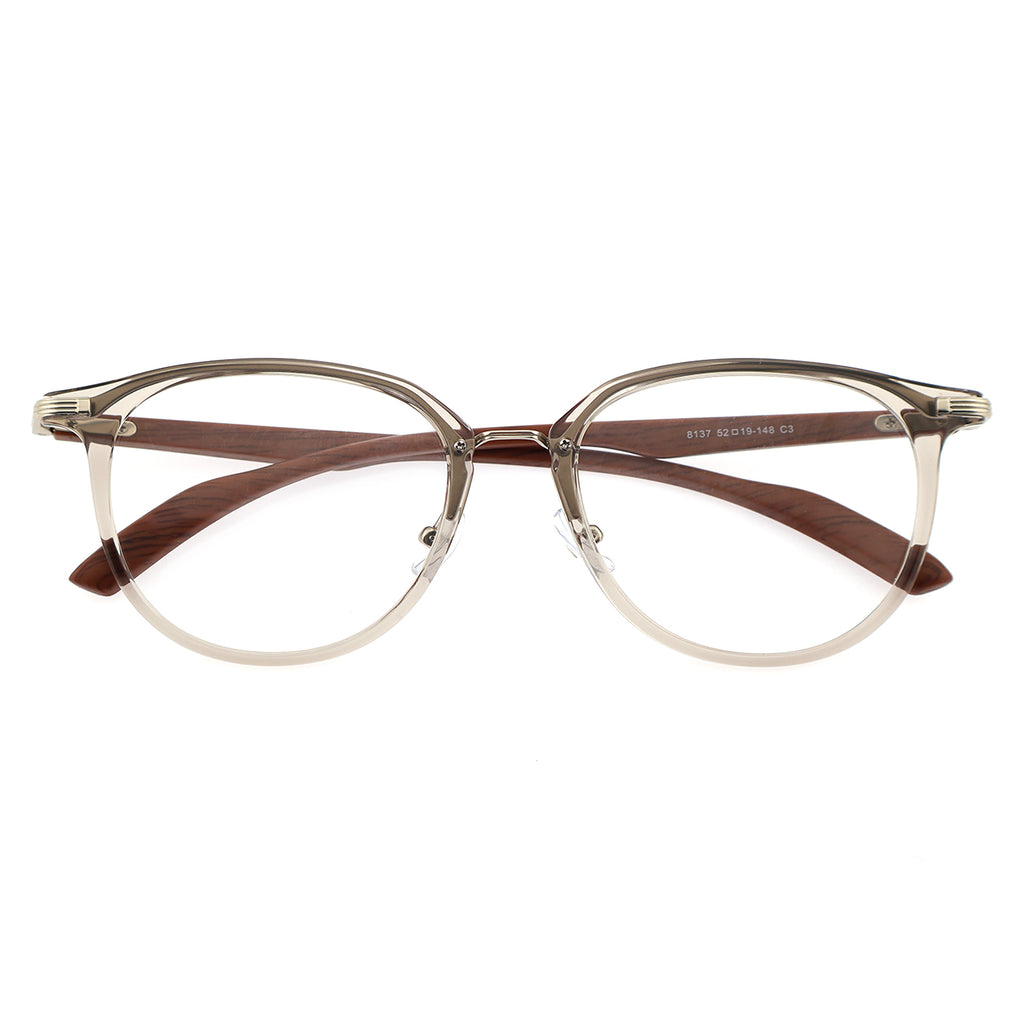 Gradient Brown Round Eyeglasses with Wood Grain Temples & Metal Trim
