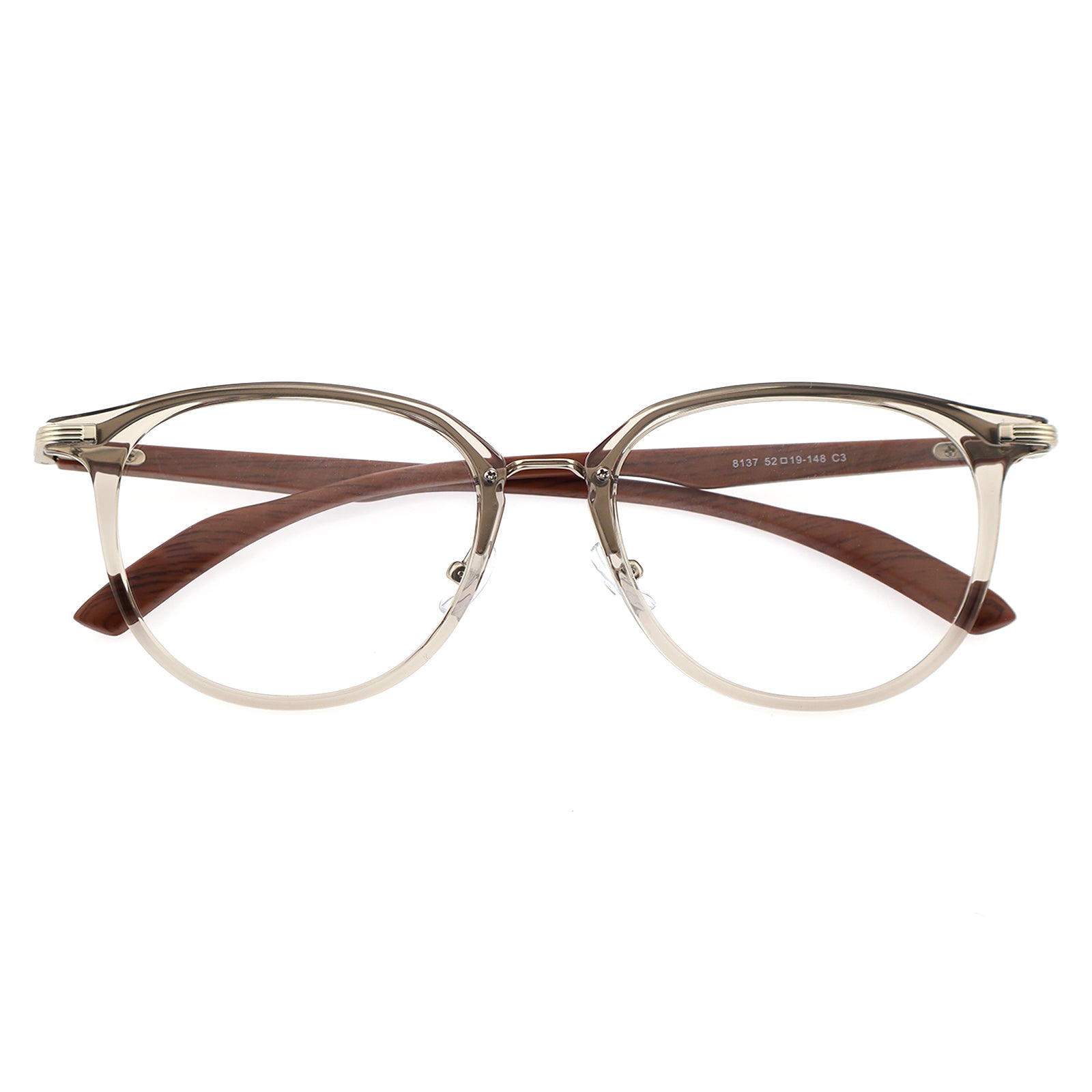 Gradient Brown Round Eyeglasses with Wood Grain Temples & Metal Trim