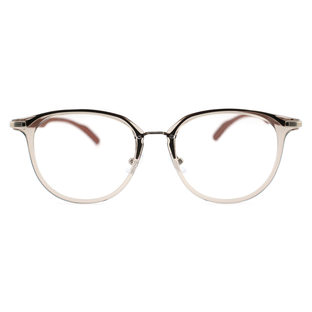 Gradient Brown Round Eyeglasses with Wood Grain Temples & Metal Trim