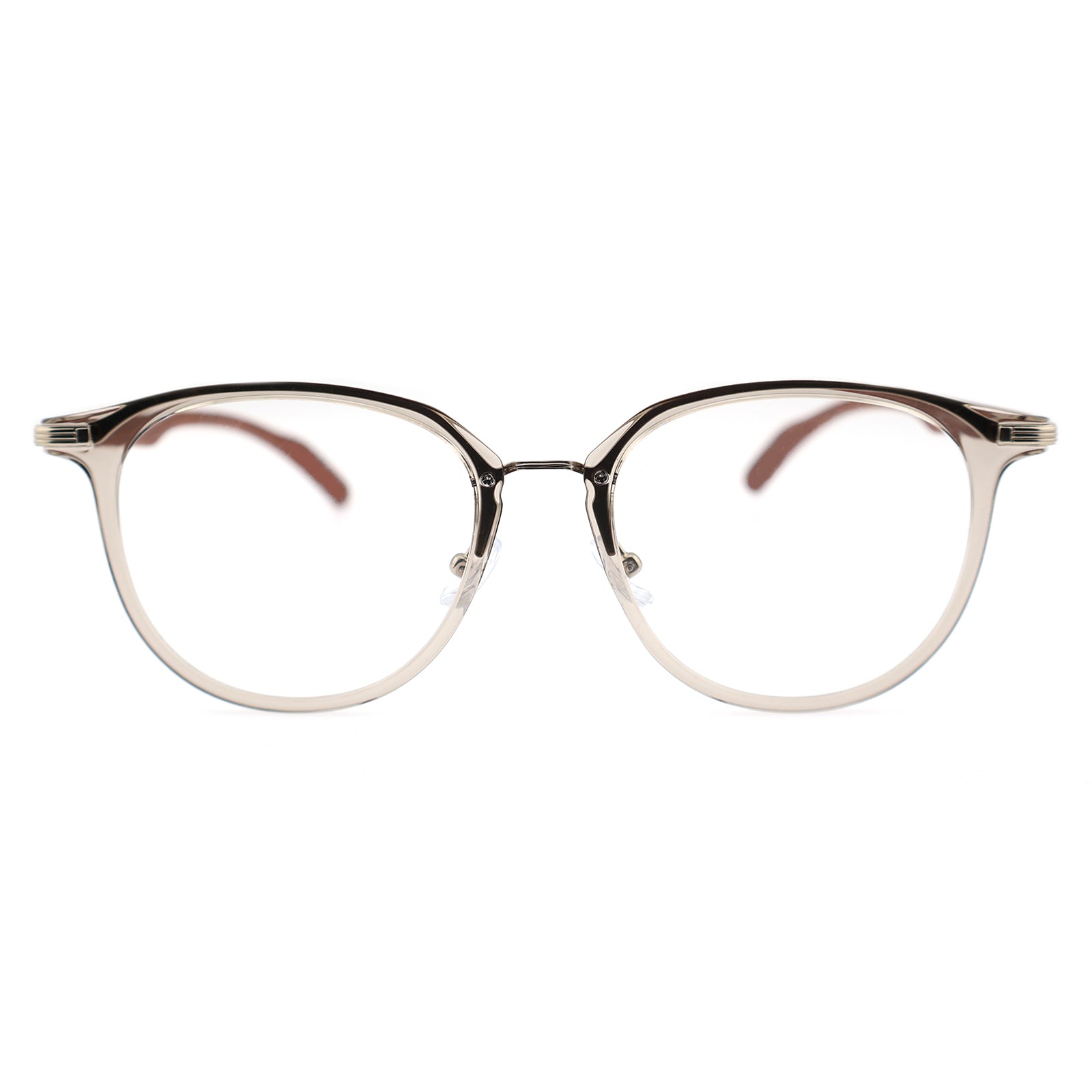Gradient Brown Round Eyeglasses with Wood Grain Temples & Metal Trim
