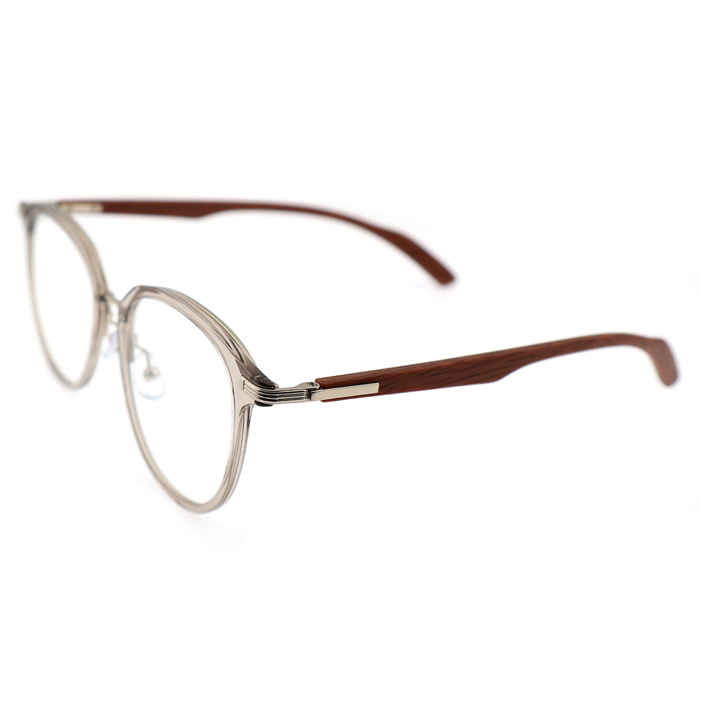 Gradient Brown Round Eyeglasses with Wood Grain Temples & Metal Trim