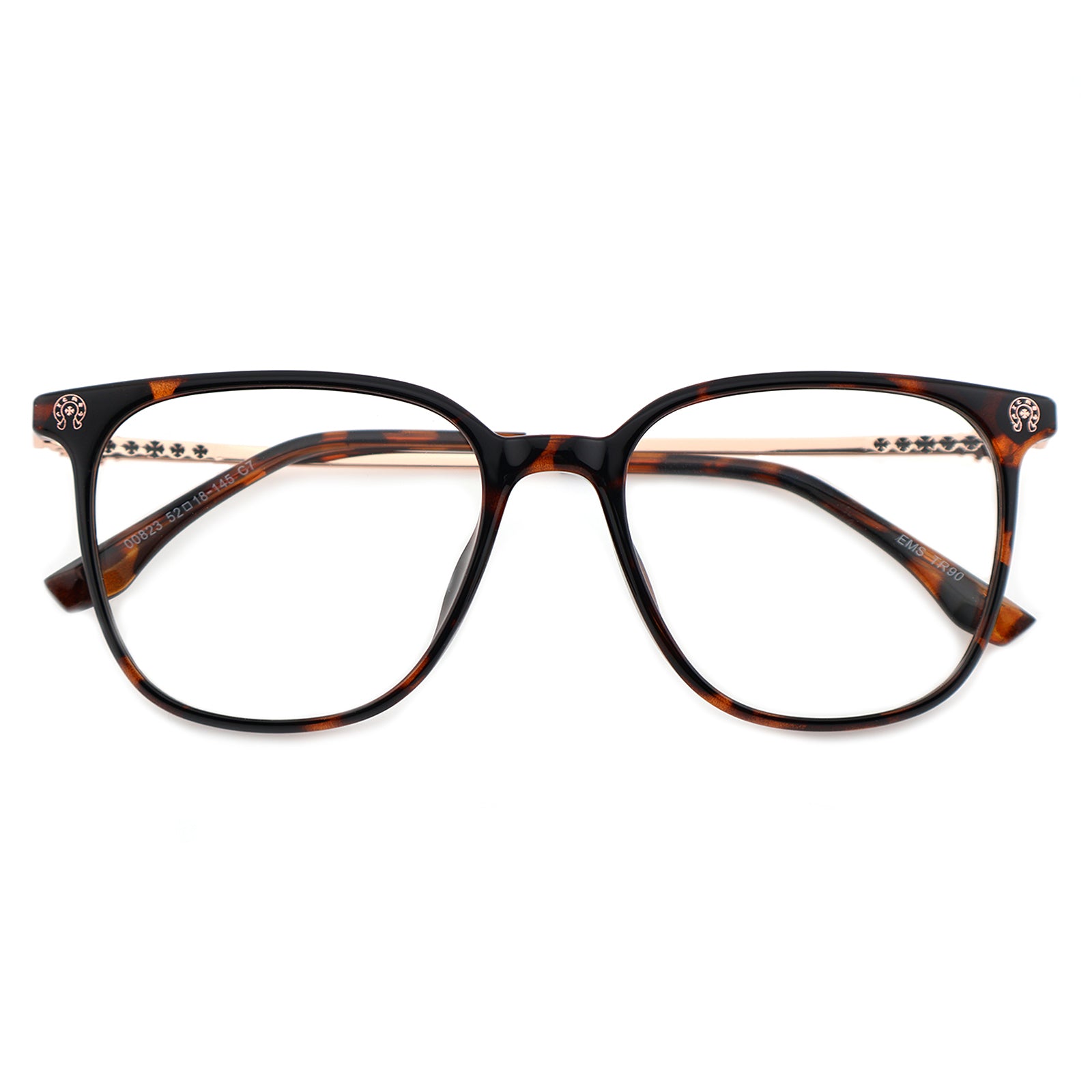 Transparent Light Brown Square Eyeglasses with Embossed Temple Detail