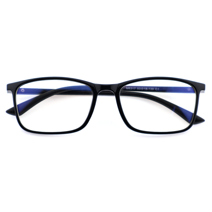 Classic Rectangle TR90 Eyeglass Frame, Two-Tone Black & Blue Temples