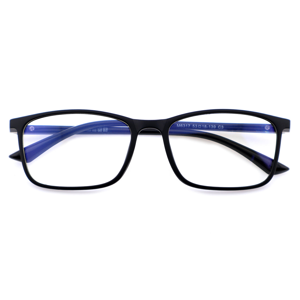 Classic Rectangle TR90 Eyeglass Frame, Two-Tone Black & Blue Temples