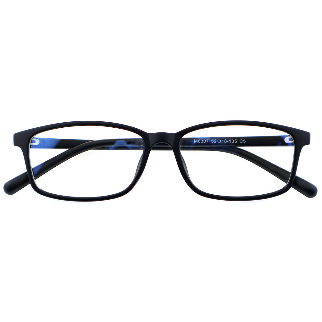 Matte Black Rectangle TR90 Eyeglasses with Marbled Blue Inner Temples