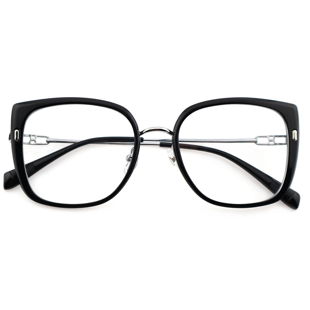 Black Oversized Square Eyeglasses with Hollow Metal Temples
