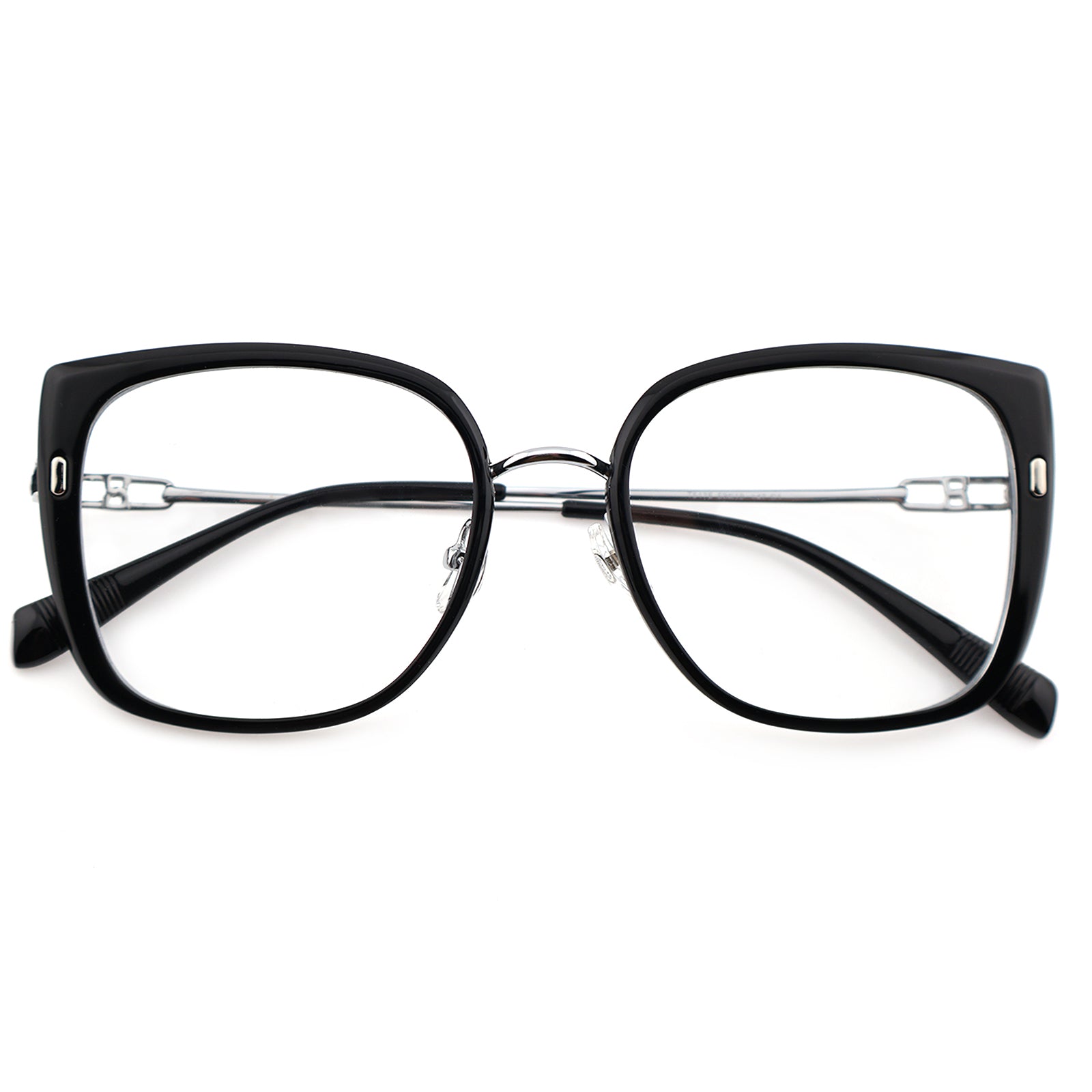 Black Oversized Square Eyeglasses with Hollow Metal Temples