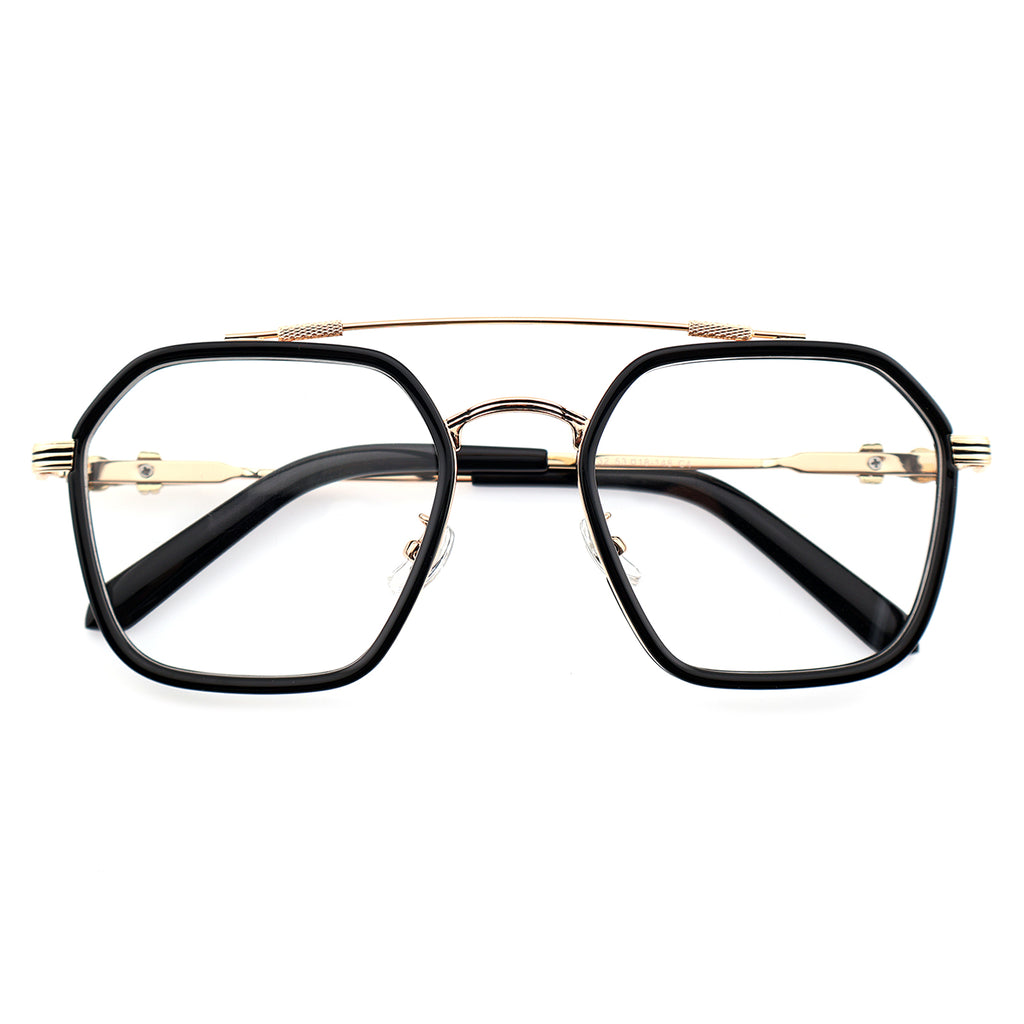 Double Bridge Geometric Hexagonal Metal Eyeglass Frame for Men