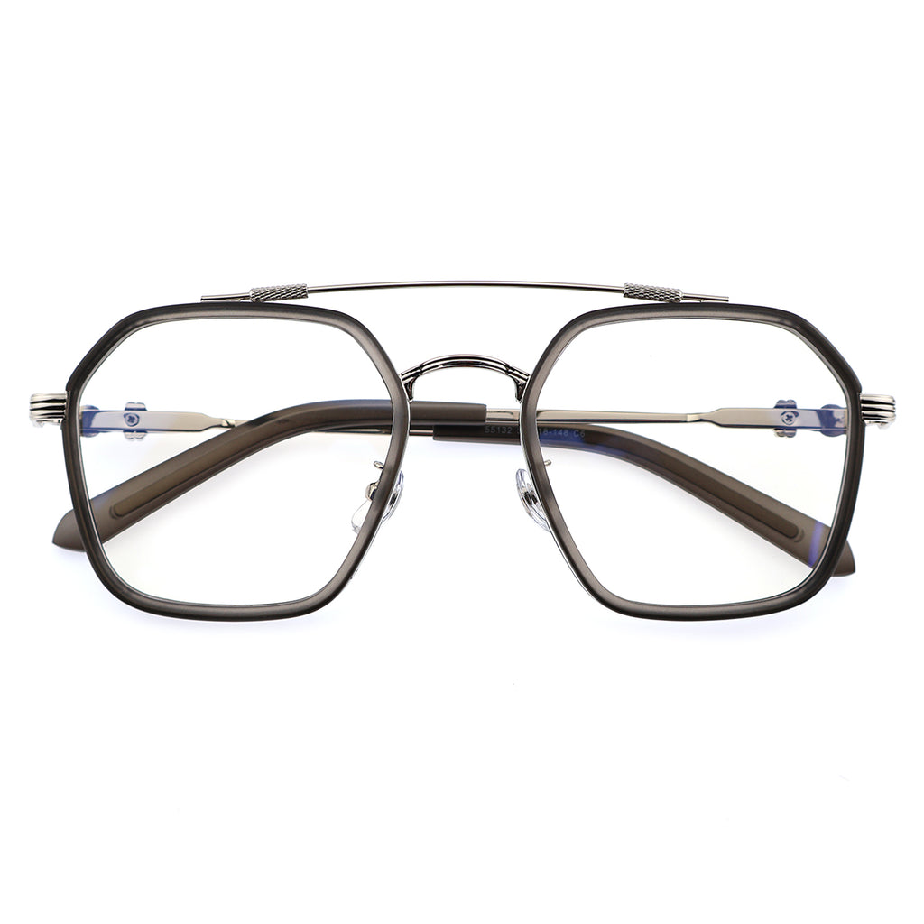 Double Bridge Geometric Hexagonal Metal Eyeglass Frame for Men