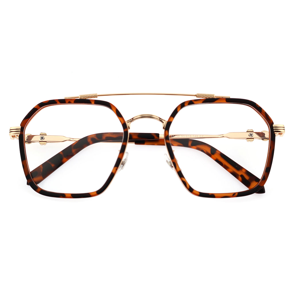 Double Bridge Geometric Hexagonal Metal Eyeglass Frame for Men