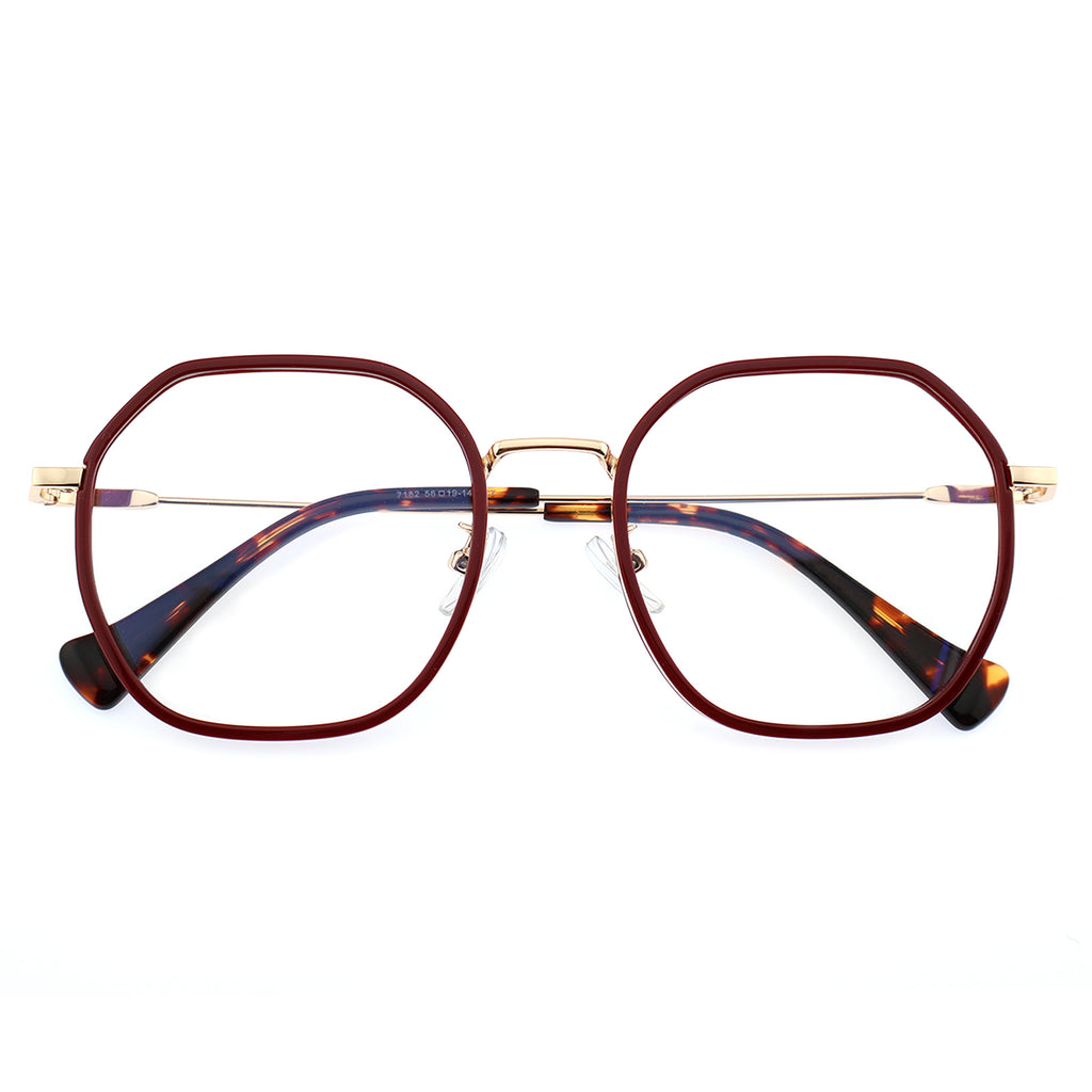 Burgundy Two-Tone Polygon Eyeglasses with Gold Metal Temples