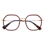 Burgundy Two-Tone Polygon Eyeglasses with Gold Metal Temples