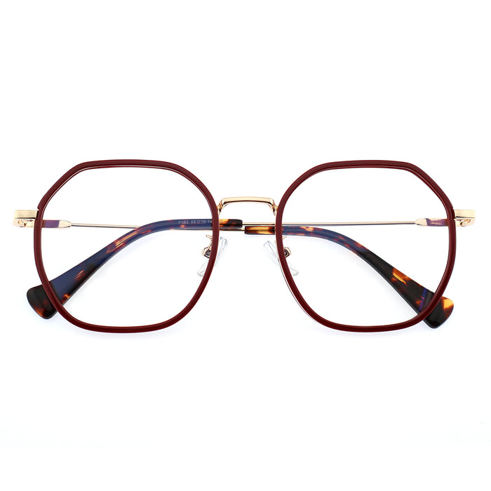 Burgundy Two-Tone Polygon Eyeglasses with Gold Metal Temples
