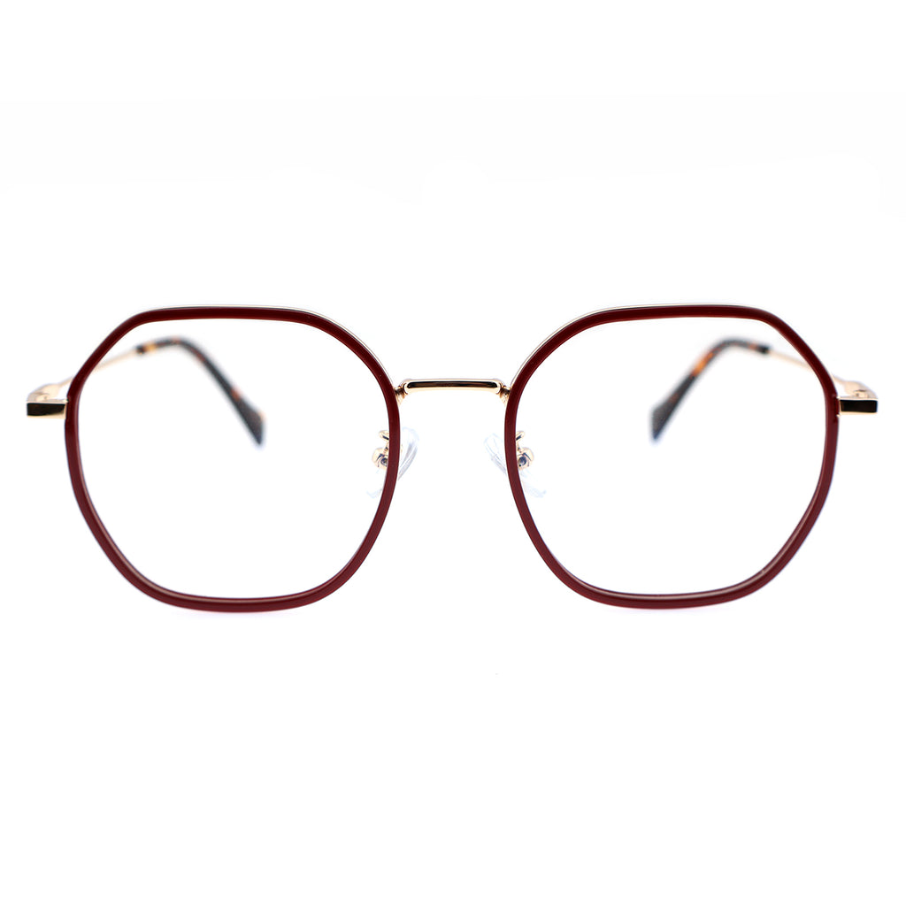 Burgundy Two-Tone Polygon Eyeglasses with Gold Metal Temples