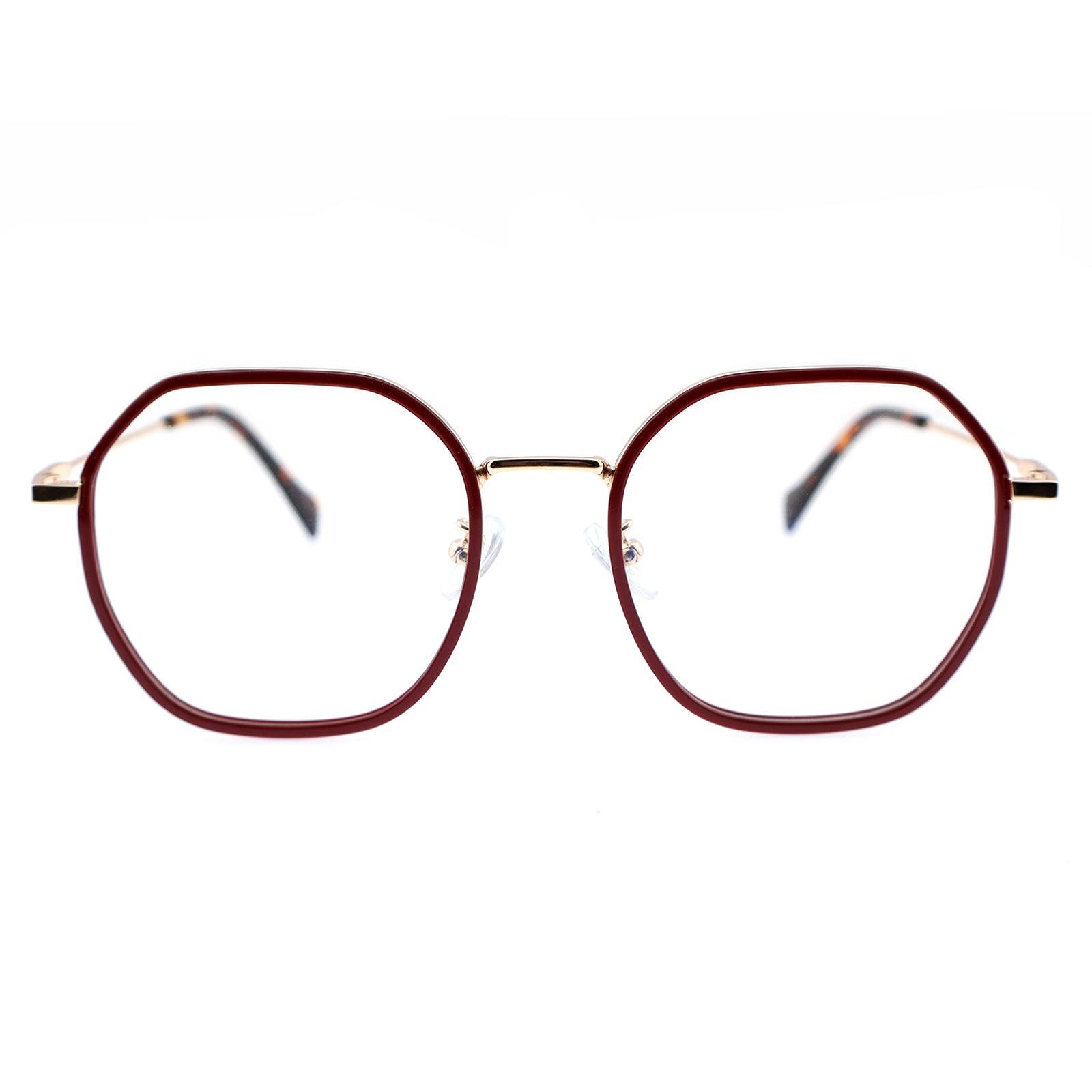 Burgundy Two-Tone Polygon Eyeglasses with Gold Metal Temples