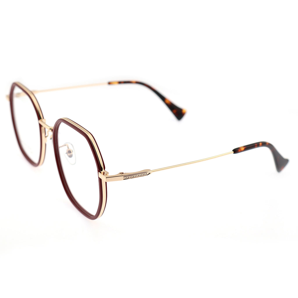 Burgundy Two-Tone Polygon Eyeglasses with Gold Metal Temples