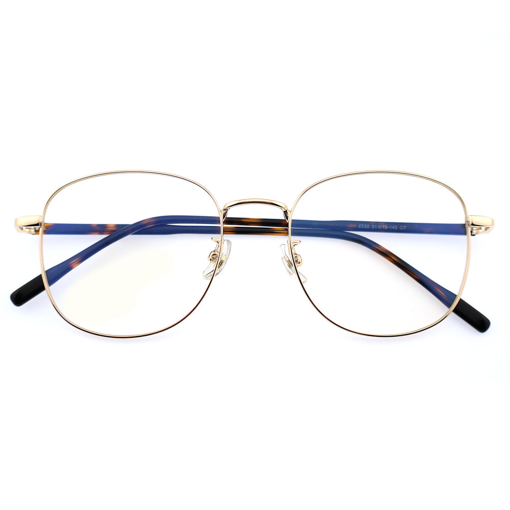 Thin Gold Metal Round Eyeglasses with Two-Tone Tortoise Blue Temples