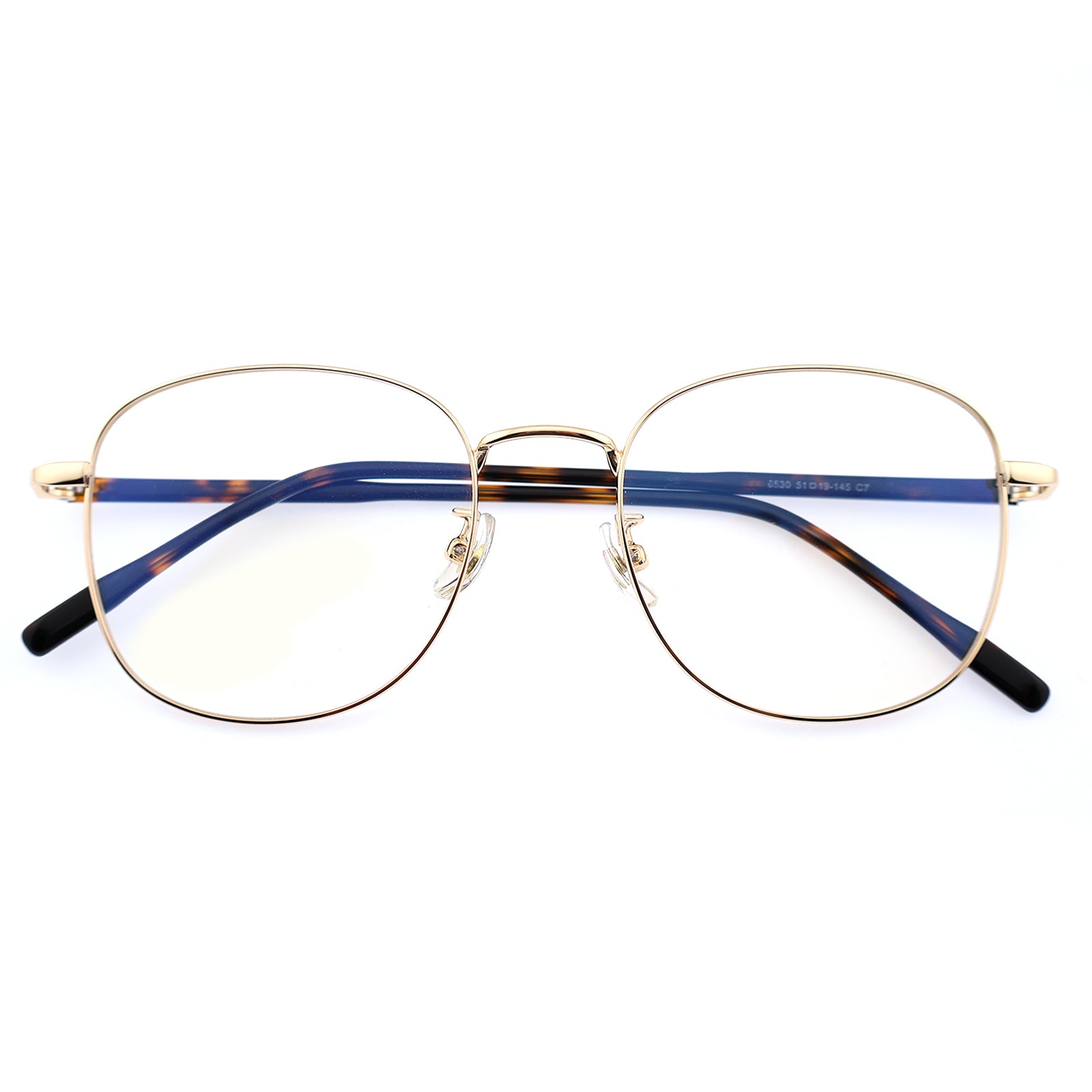 Thin Gold Metal Round Eyeglasses with Two-Tone Tortoise Blue Temples
